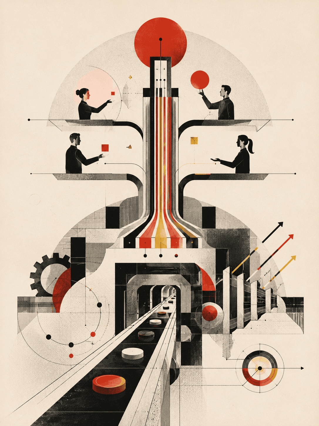 Ilustração de um sistema operacional conectando pessoas, processos, dados e resultados